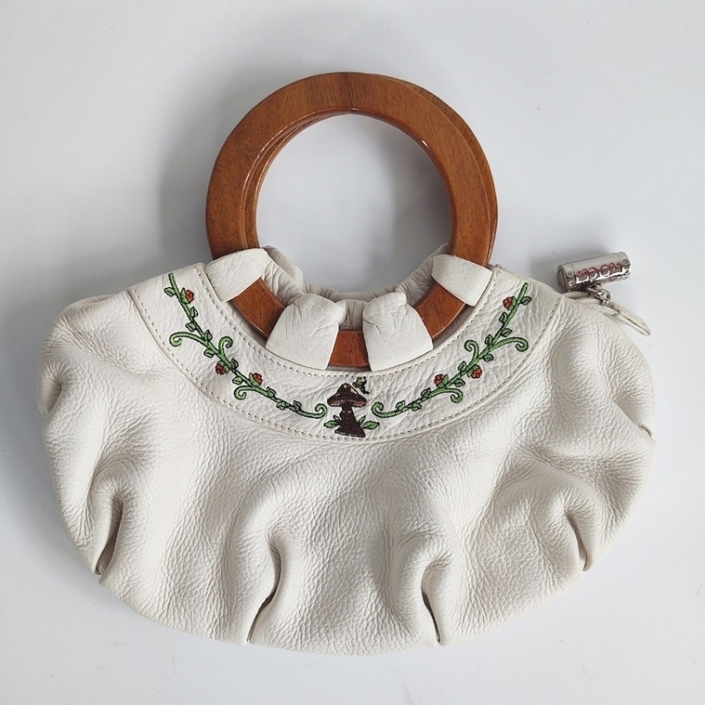 BaBee D Leather Whimsical Mushroom Embroidered Hand Bag Hobo with Wood Handles